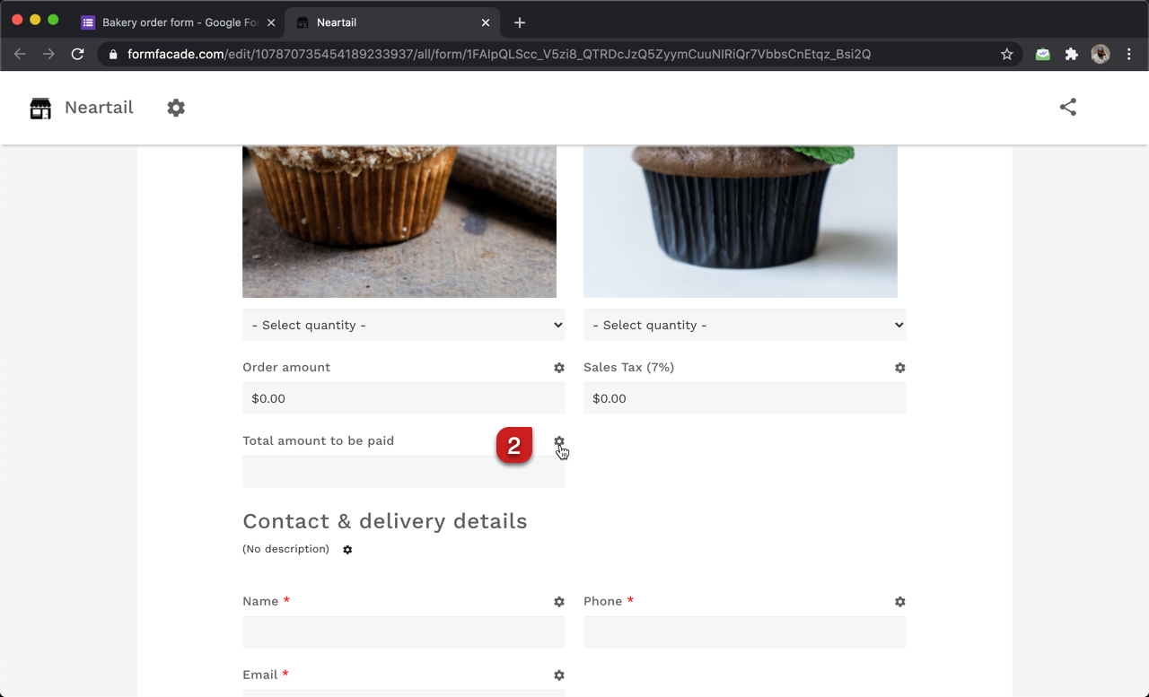 Step 2: Click on the Addon icon > Select Neartail > Select Customize this form > Click on the Proceed button. In the Neartail customize interface, click on the ⚙️icon next to the short answer question for total amount.