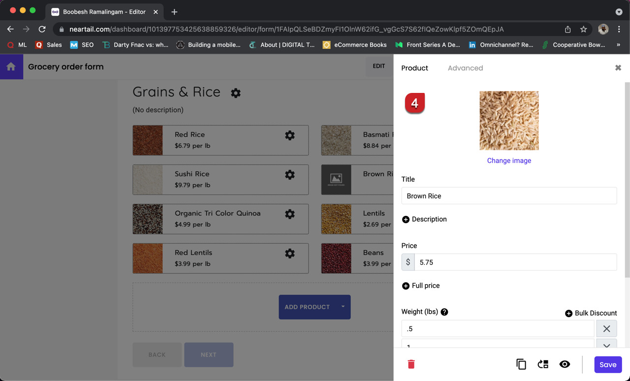 Product page will be displayed. Enter the product price, upload an image and click Save.  You can also update the product description or add a compare price for promotional products.