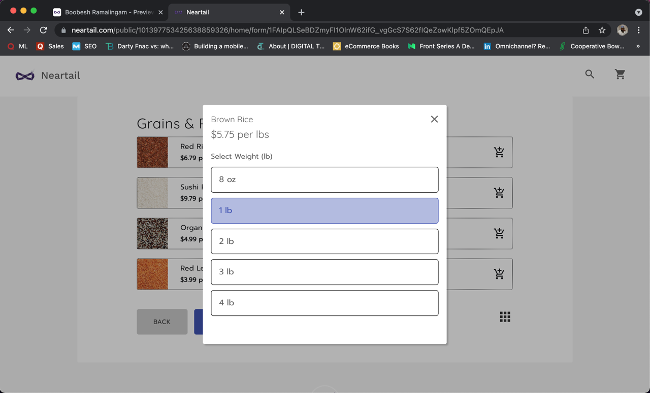 When users click on the add to cart option for product sold by weight, they will have the option to select the weight they want to order.