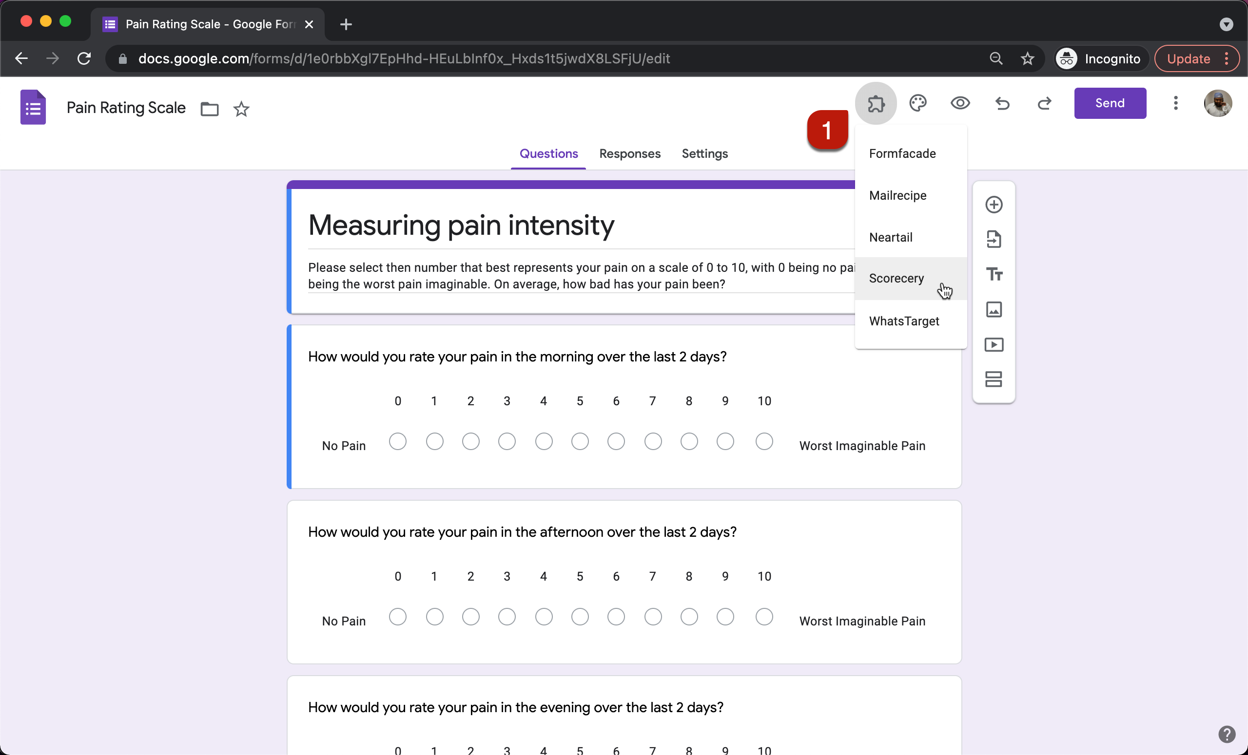 Step 1:  Open your form in Google Forms. Click on the addon icon and click Scorecery.