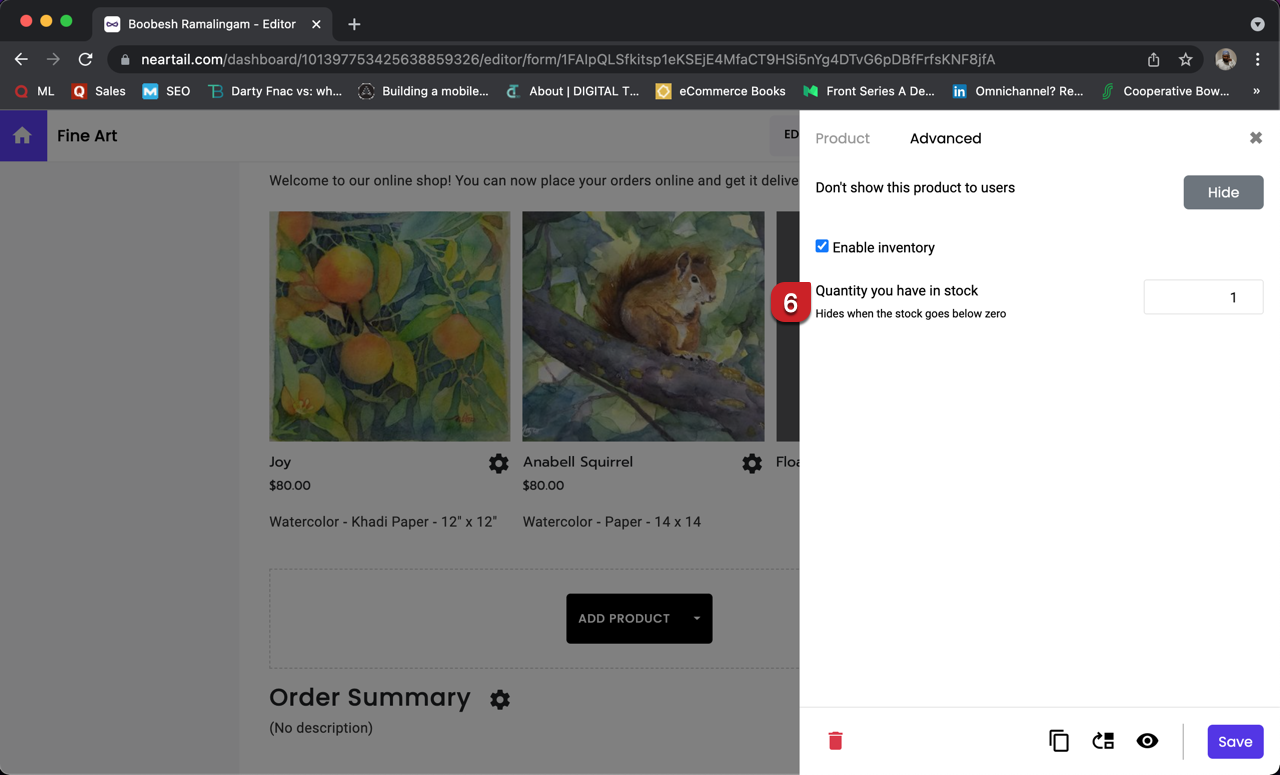 Click Advanced, enable inventory, set the quantity in stock to 1 and click Save.