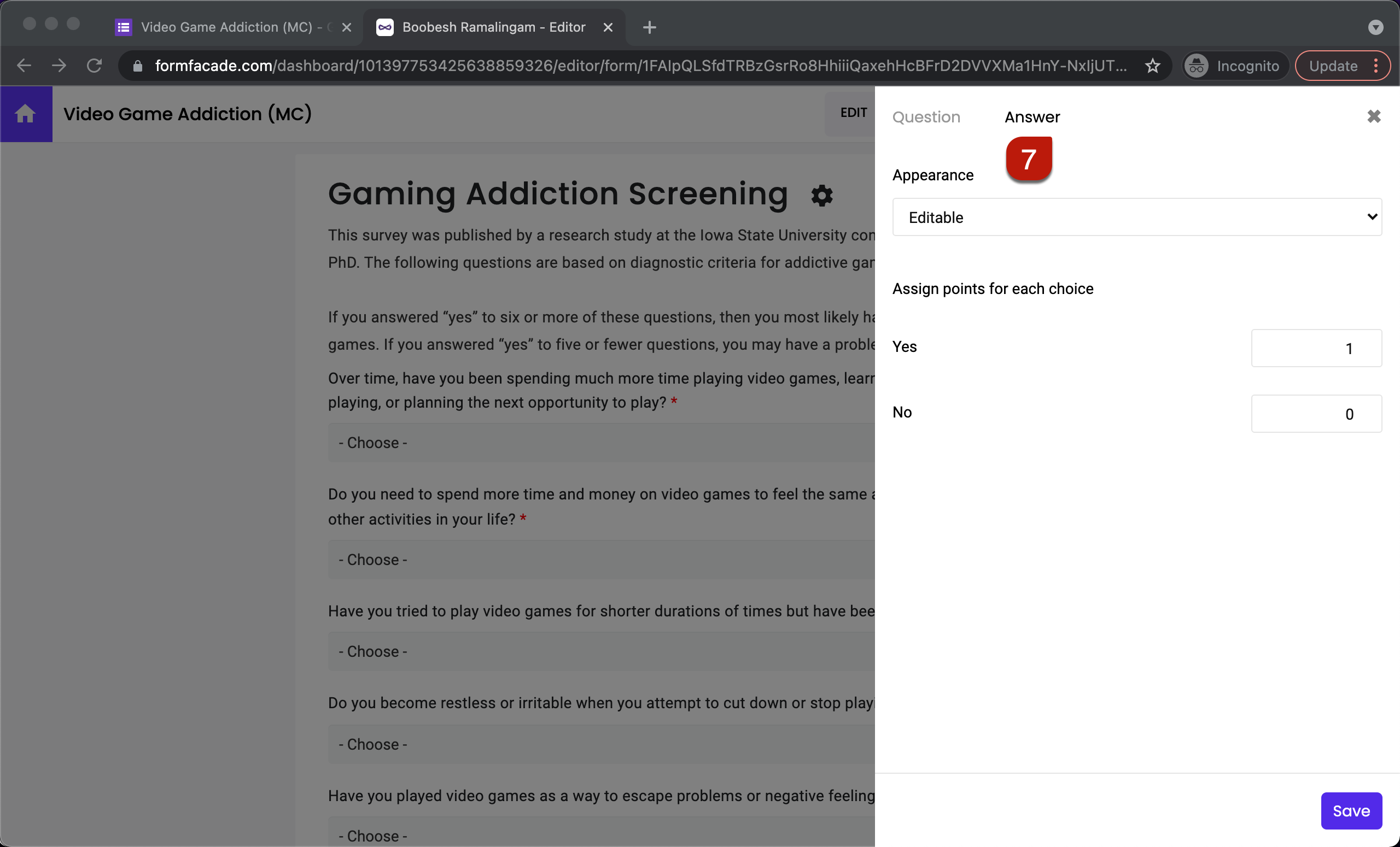 Step 7: Question settings page will be displayed. Click Answer. Assign points for the different answer choices and click Save.