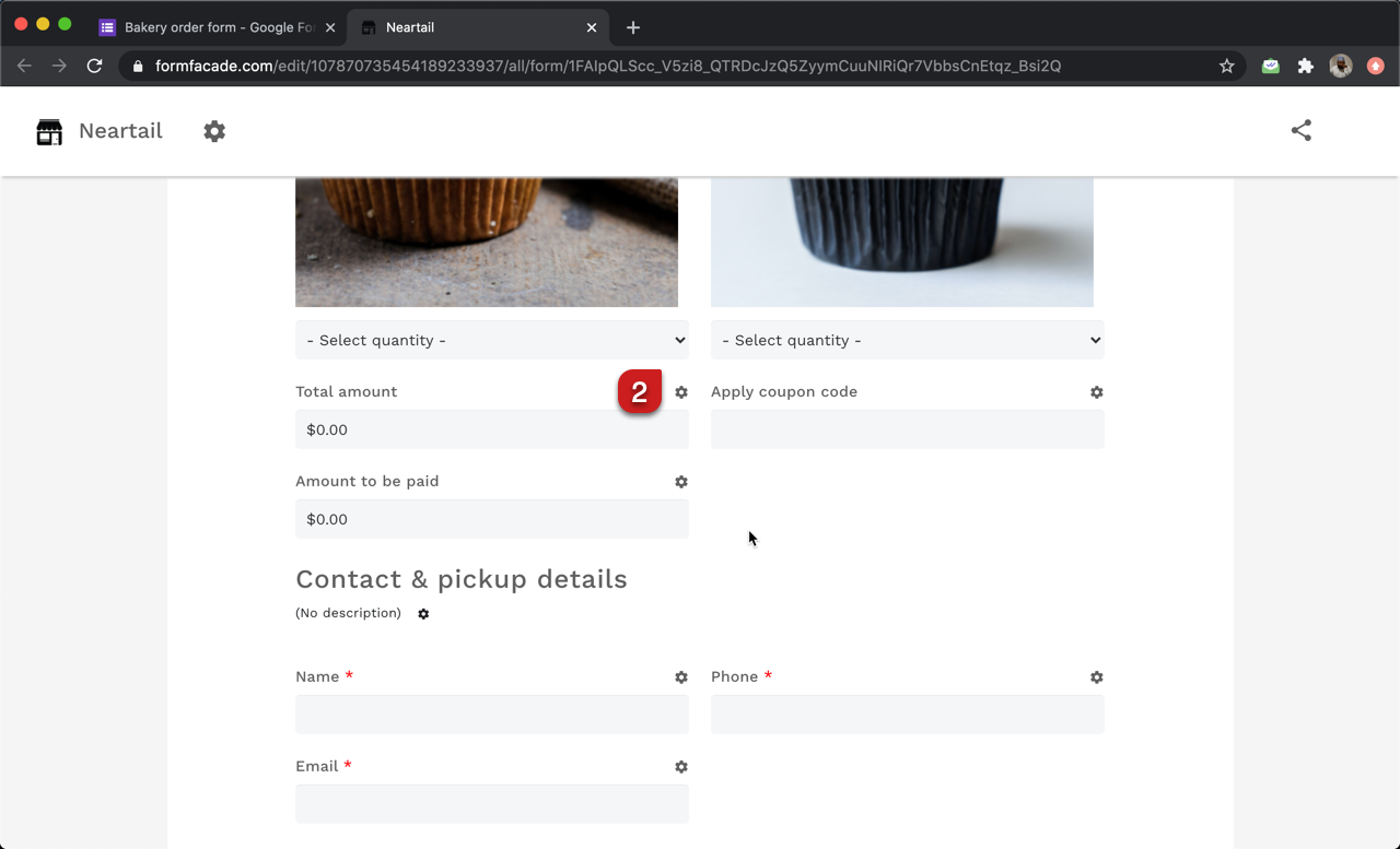 In the Neartail customize interface, click on the ⚙️icon next to the short answer question for total amount.