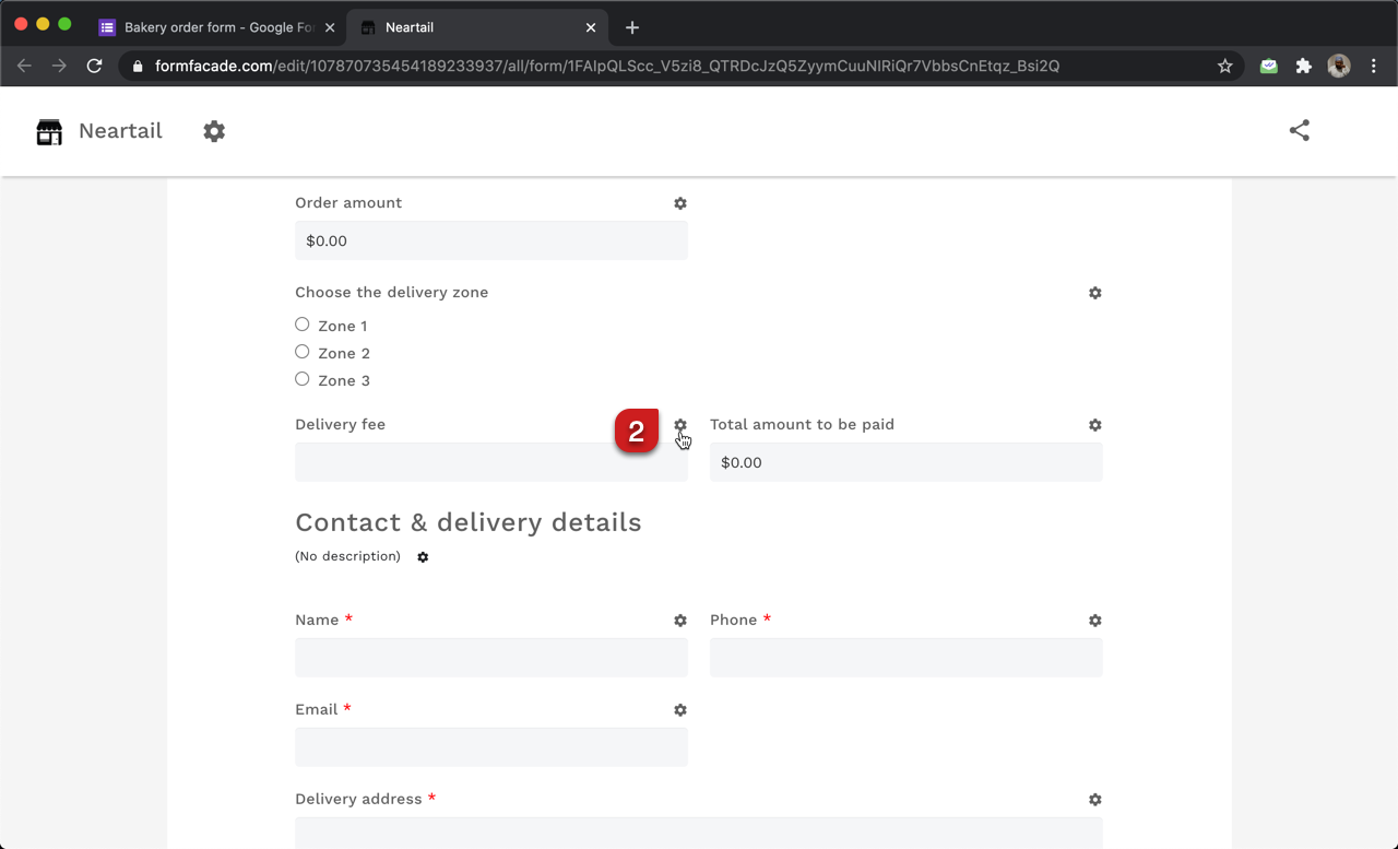 In the Neartail customize interface, click on the ⚙️icon next to the short answer question for delivery fee.