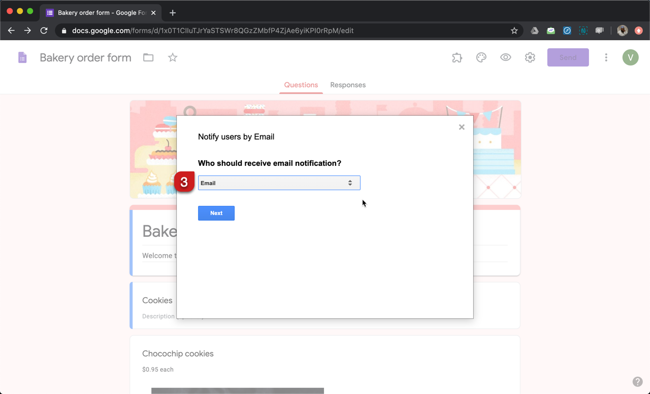 Step 3: Email notifications setup wizard will be displayed. Configure the "To" email by selecting the email address form field from the dropdown list and then click on the Next button.