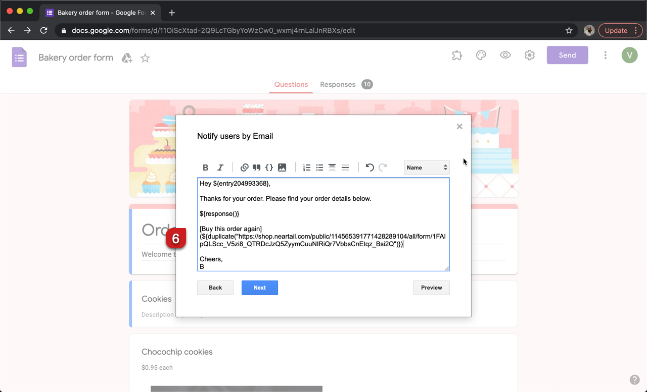 Step 6: Use the markdown language to add the reorder link in the email message as shown below.