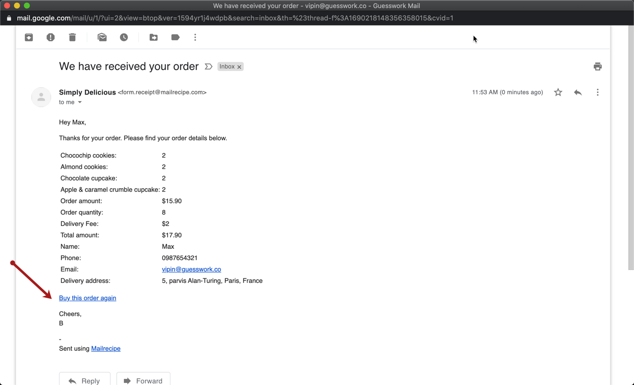 You can use the duplicate() function to include a reorder link in the confirmation email. When the customer clicks on the reorder link, it will open a pre-filled order form with details from the previous order. Customers can just review the order and submit the form to place their order.