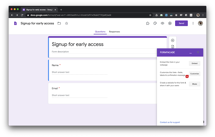 Click on the "Customize" button in the Formfacade sidebar widget 