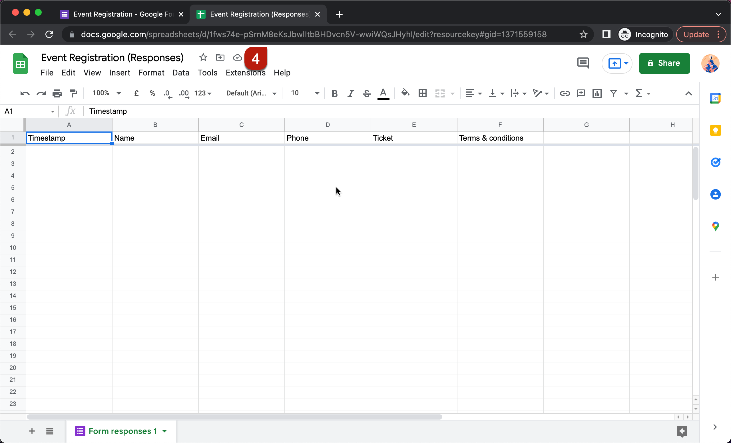 Step 4: A new spreadsheet linked with this form will open in a new tab. When a user fills the form and submits it, the responses will be automatically synced to this sheet.