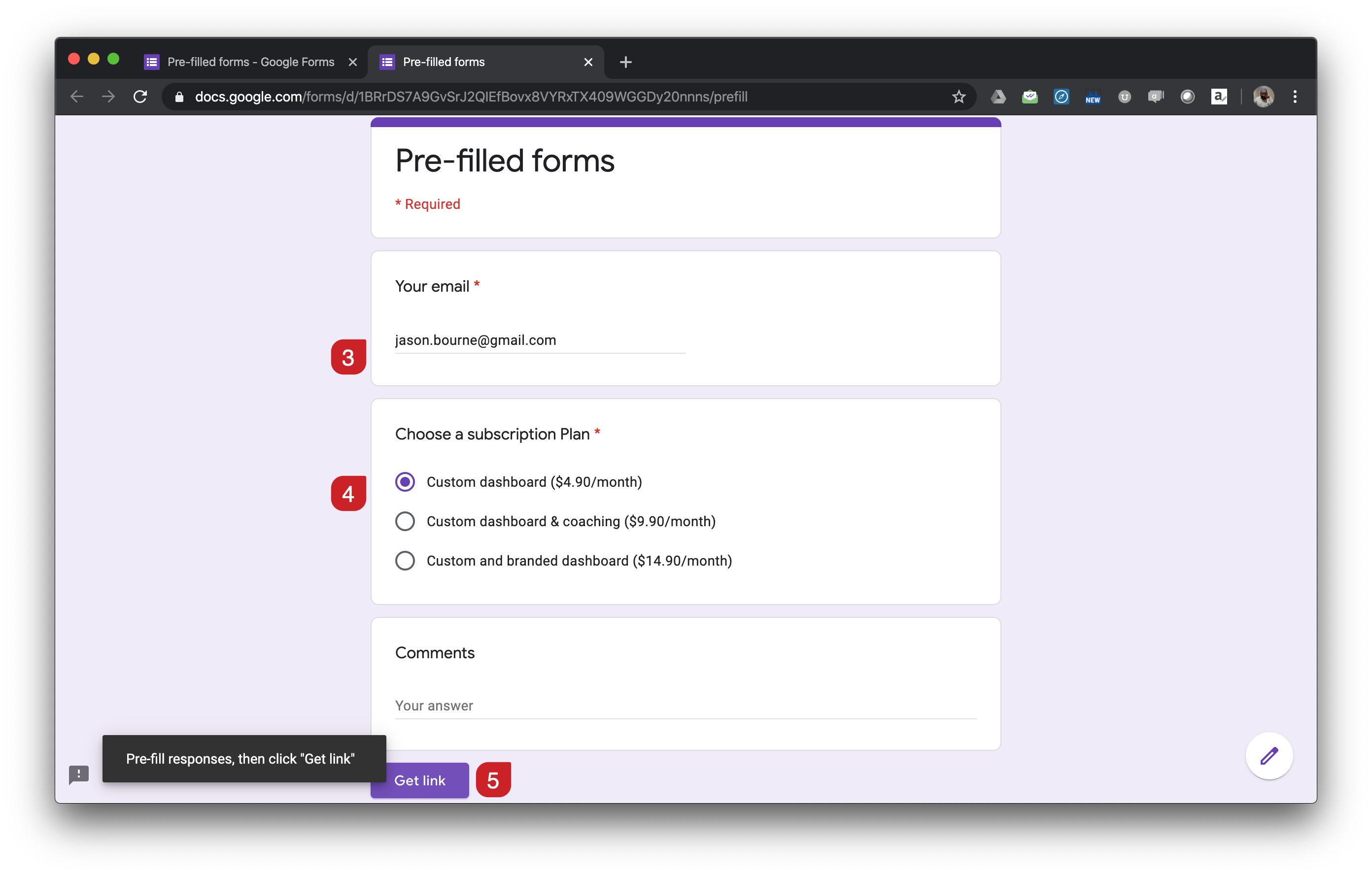 Pre-fill responses for the necessary fields and click on "Get link" button
