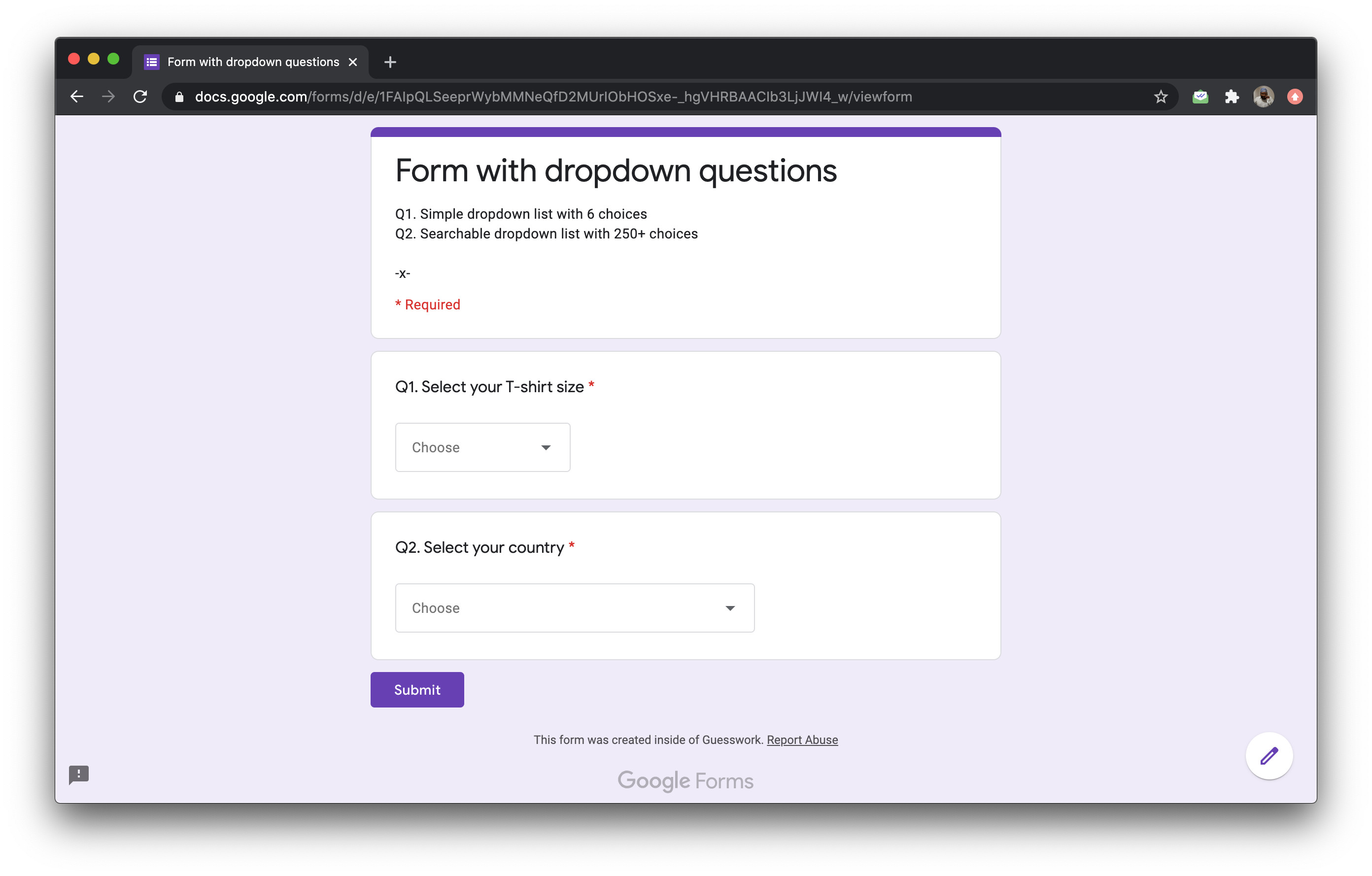 Dropdown question allows users to select an answer from a [long] list of options. This is similar to a multiple choice question that allows users to select only one answer from the available choices.