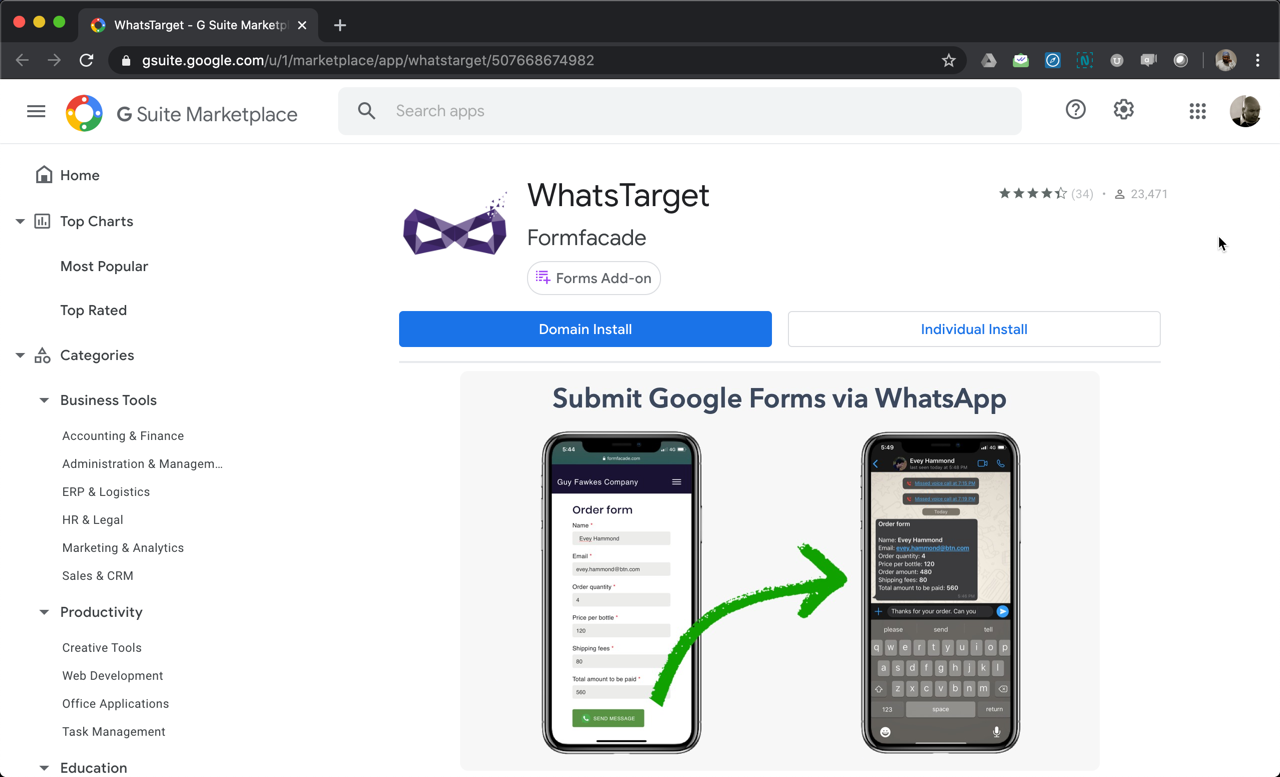 Install the WhatsTarget addon for Google Forms, configure your WhatsApp number and then share the WhatsTarget form link with your users to receive form responses via WhatsApp.