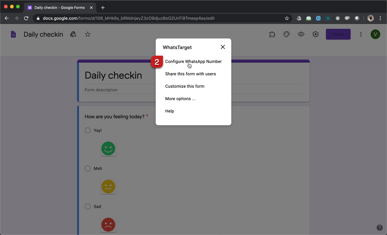 Step 2: WhatsTarget popup menu will be displayed. Select "Configure WhatsApp Number"
