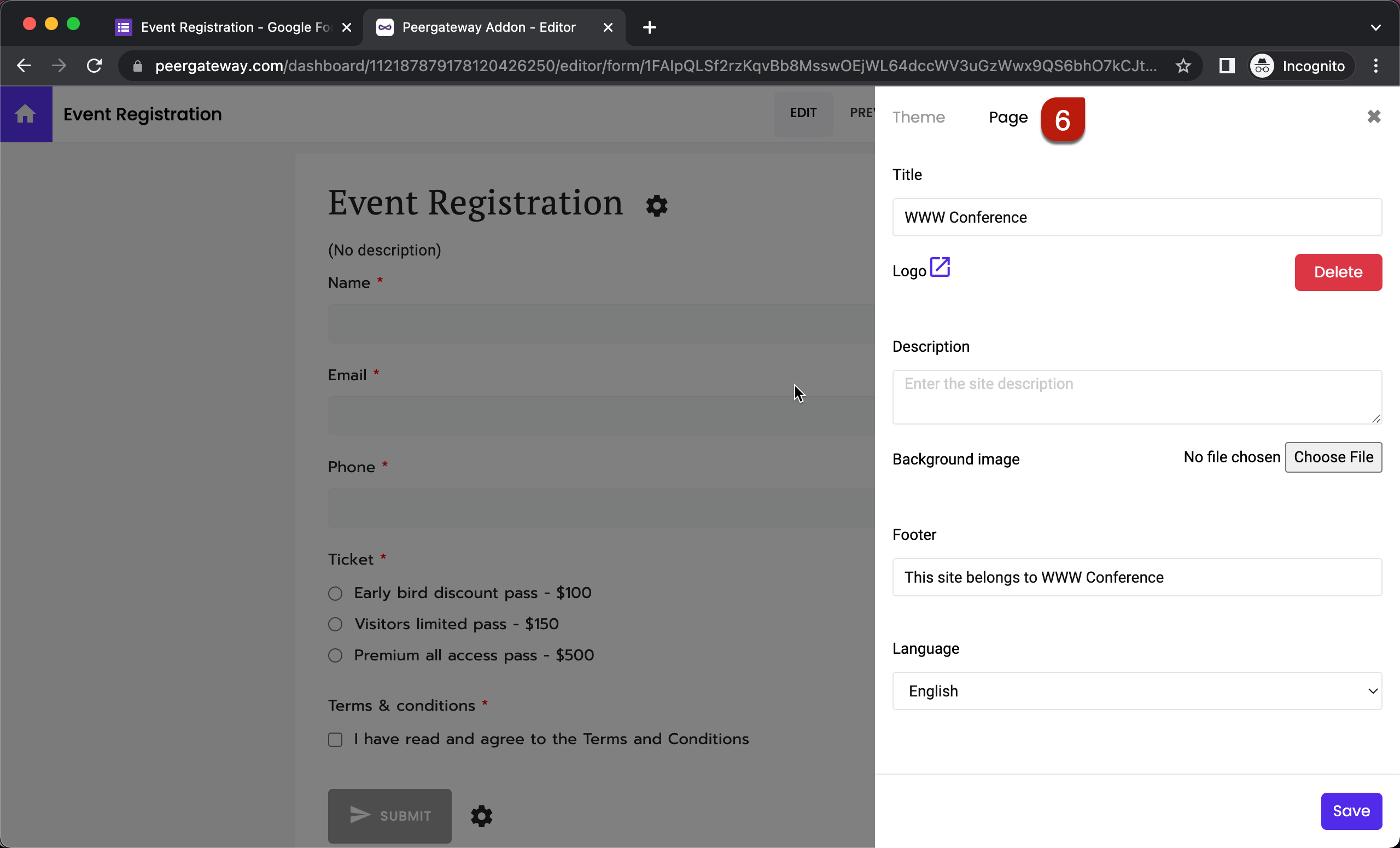 Step 6: Click Page. Enter the required text in the Title (header), Footer option, upload you logo and click Save.
