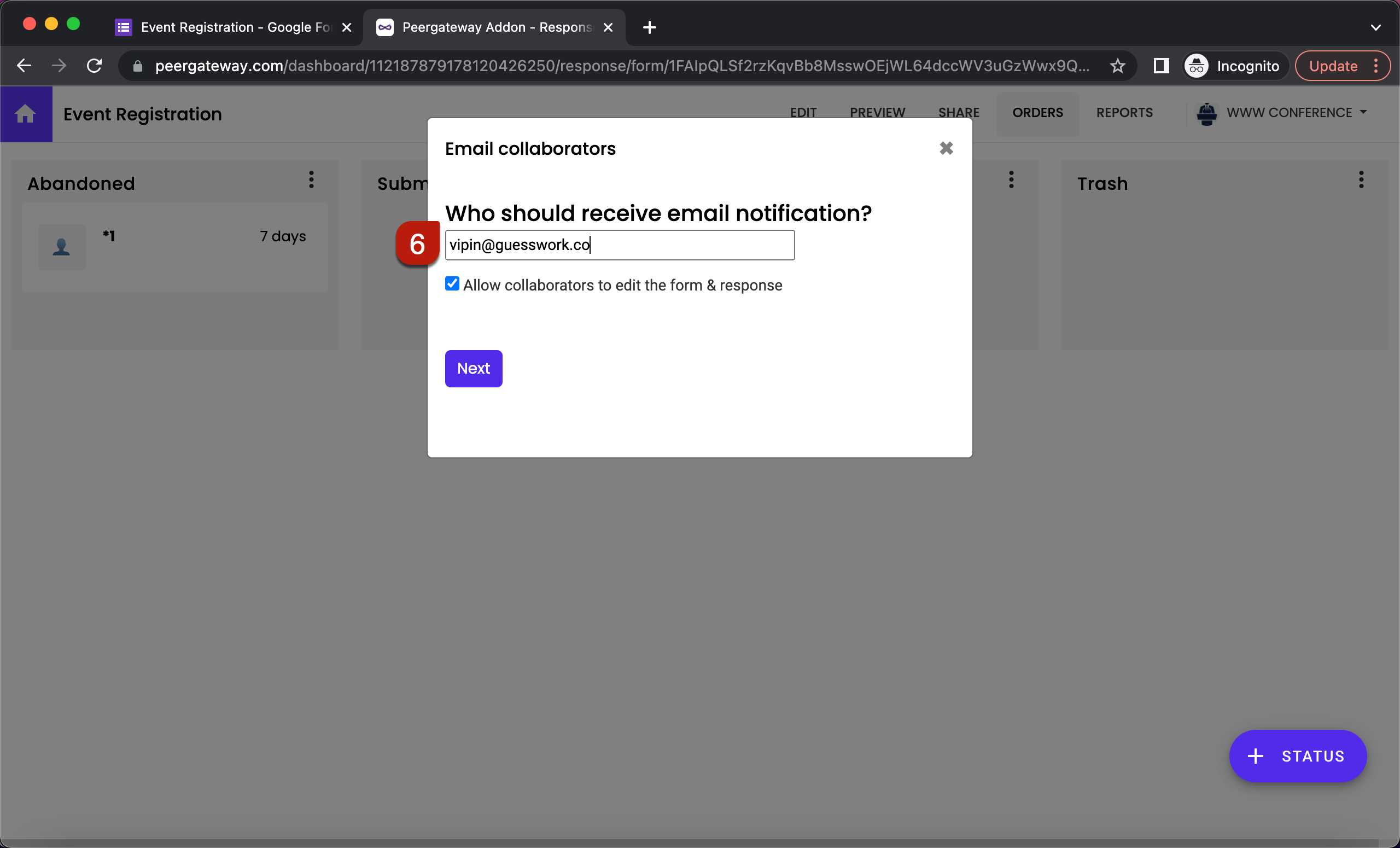 Step 6: Email notifications setup wizard will be displayed. Enter the email address and then click on the Next button. To notify multiple users, you can enter a list of email addresses or an email group separated by commas.
