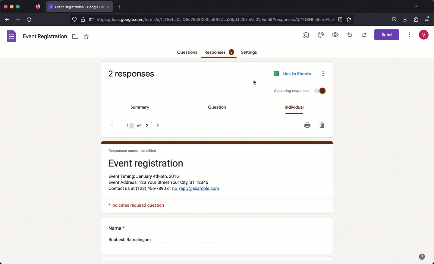 You can view the form submissions in the Formesign Responses page, Google Forms and Google Sheets.