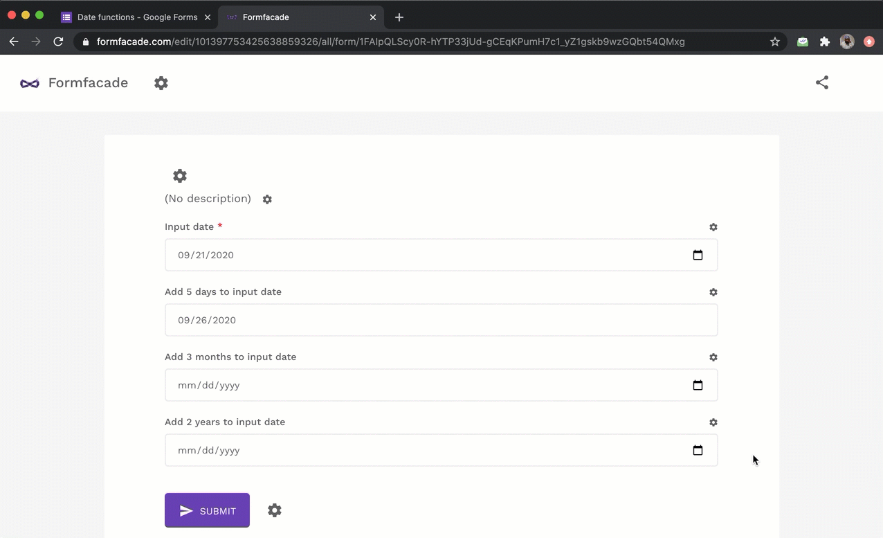 Write the formula in the Calculate option for a date question as shown below.