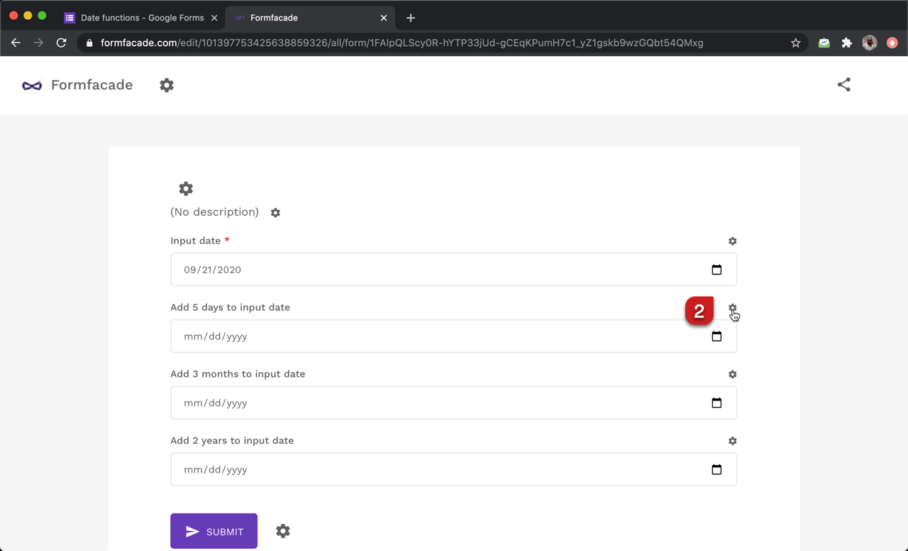 In the Formfacade customize interface, click on the ⚙️icon next to the date question.