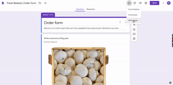 Follow these steps to create a Google Form and share it with your users. Start receiving orders via Whatsapp.