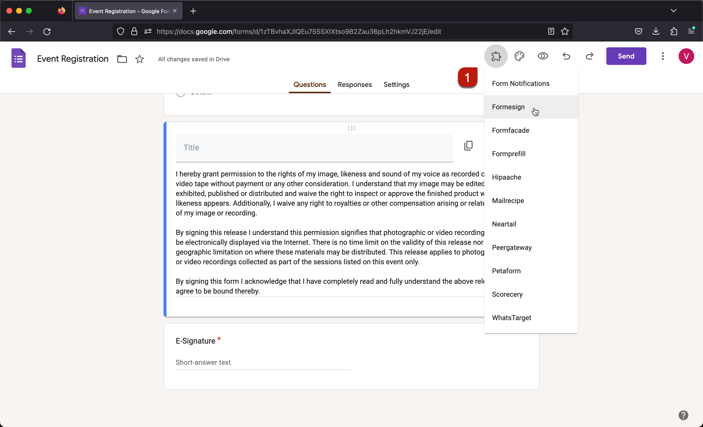 Step 1: Open your form in Google Forms > click on the addon icon > click Formesign