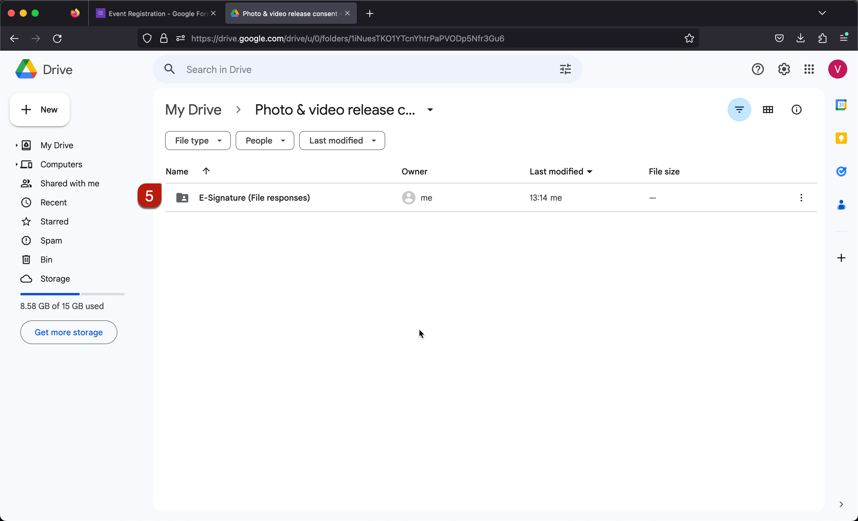 Step 5: The addon creates a subfolder E-signature (File responses) under the selected folder. 