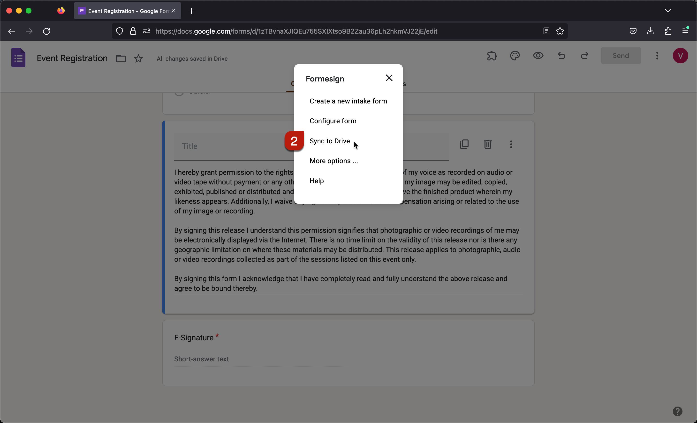 Step 2: Formesign addon menu options will be displayed > click Sync to drive
