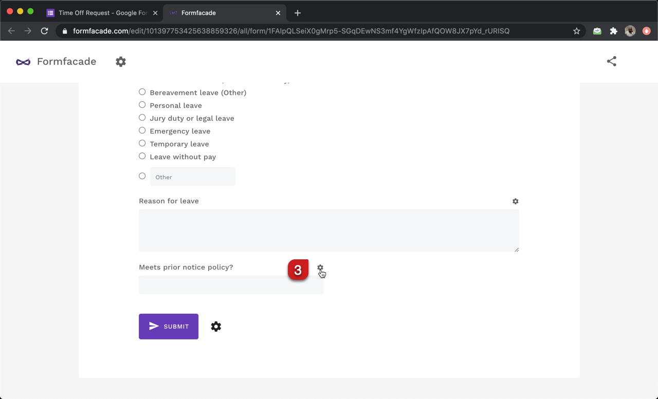 In the Formfacade customize interface, click on the ⚙️icon next to the short answer question for date validation.