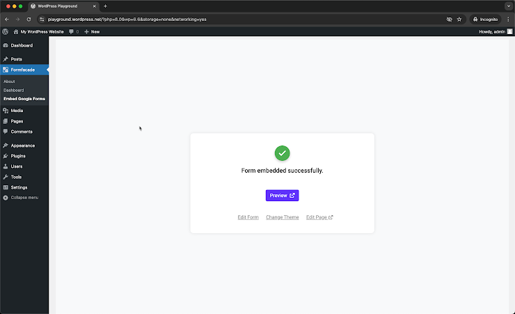 Step 7: Formfacade will be automatically embed the form at the bottom of the selected page. You can click on the Preview button to view the embedded form.