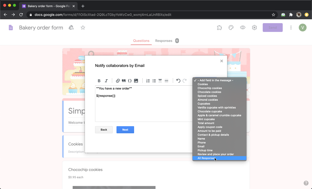 Instead of selecting a form field, you can select All Responses from the dropdown list. This will include the ${response()} formula in the message. This will automatically include all the answers filled by the user. For example, when you are sending a notification email to the collaborators, you can include all the answers in the email content as shown below.