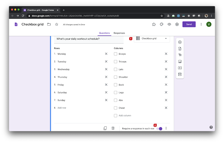 Checkbox grid question allows users to select multiple answers for each row in a grid. You can limit users to select only one answer per column and make users answer each question (row). You can also shuffle the row order to eliminate the order bias and improve the form responses.
