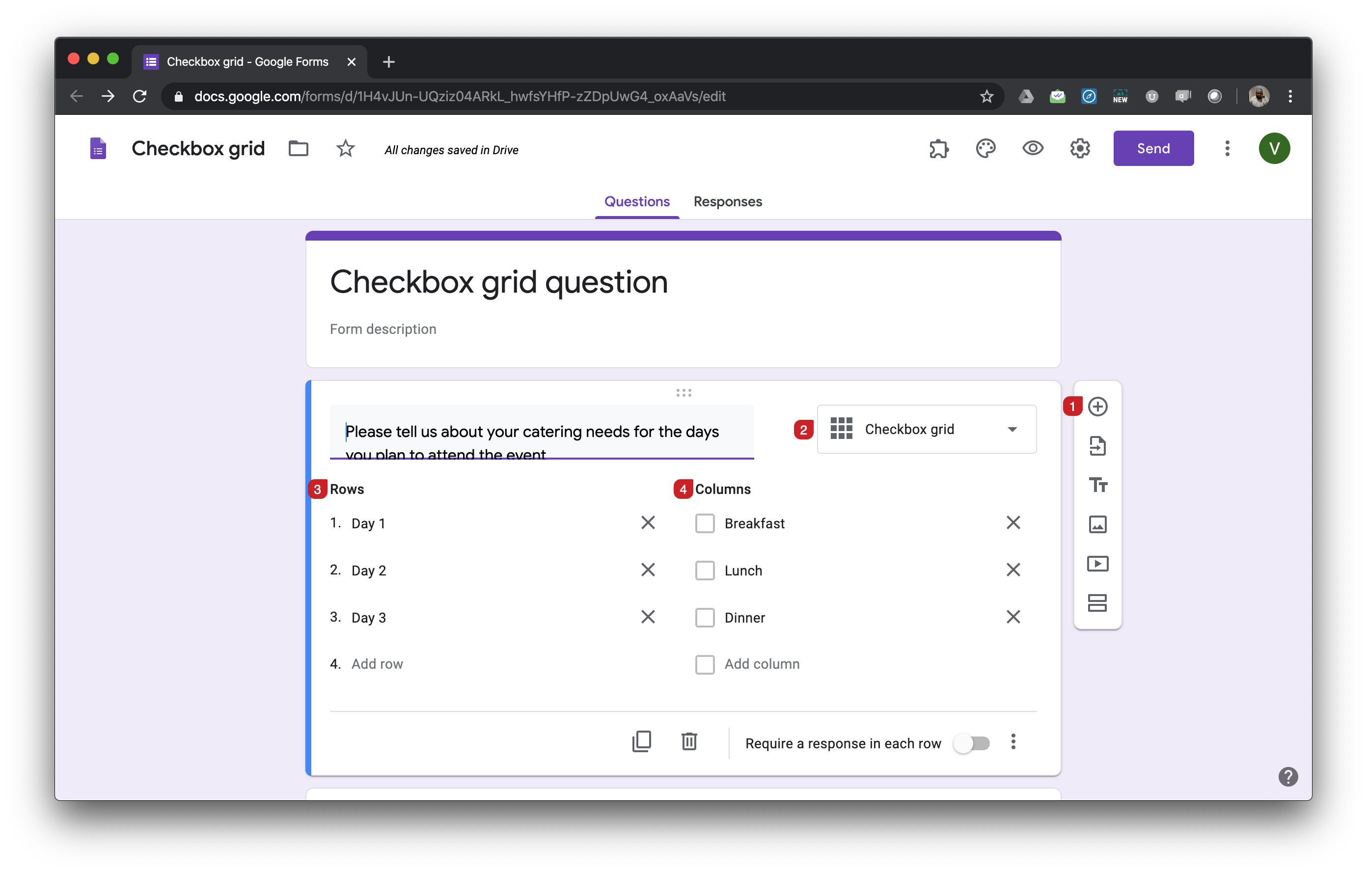 Checkbox grid question allows users to select multiple answers for each row in a grid. You can limit users to select only one answer per column and make users answer each question (row). You can also shuffle the row order to eliminate the order bias and improve the form responses.