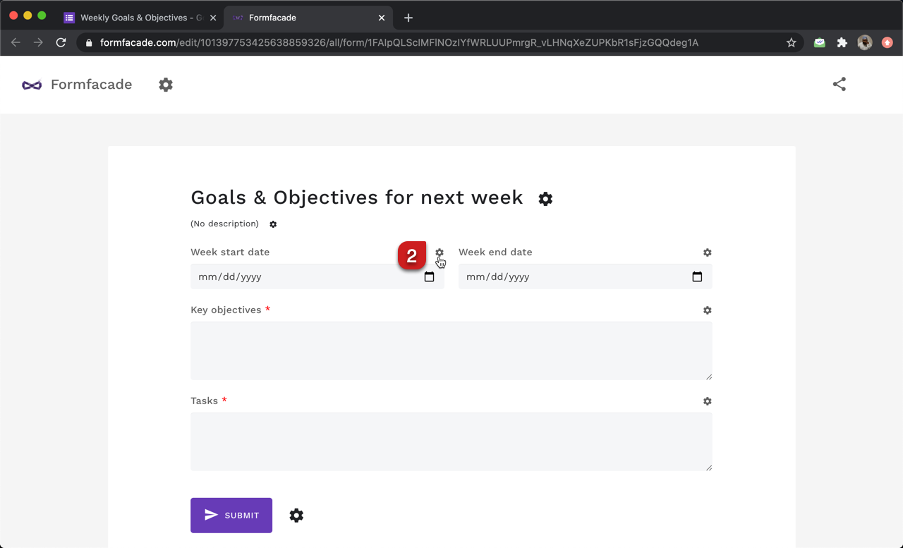 In the Formfacade customize interface, click on the ⚙️icon next to the date question for week start date.