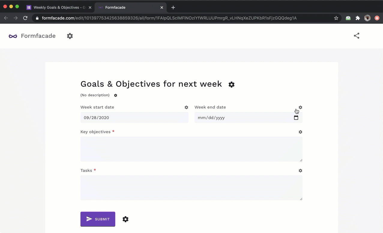 Step 5: Click on the ⚙️icon next to the date question for week end date. Field settings screen will be displayed. Select the "Answer" tab and write the formula to calculate the week end date as shown below. 