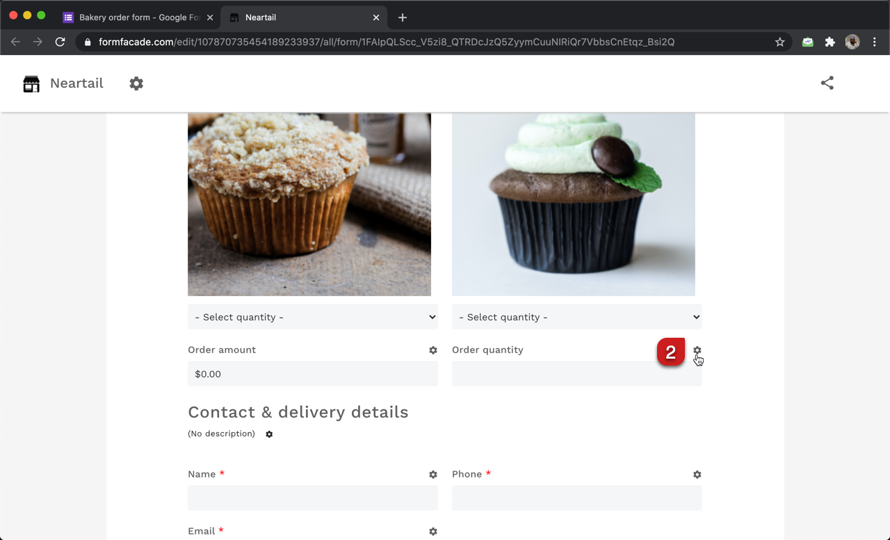 In the Neartail customize interface, click on the ⚙️icon next to the short answer question for order quantity.