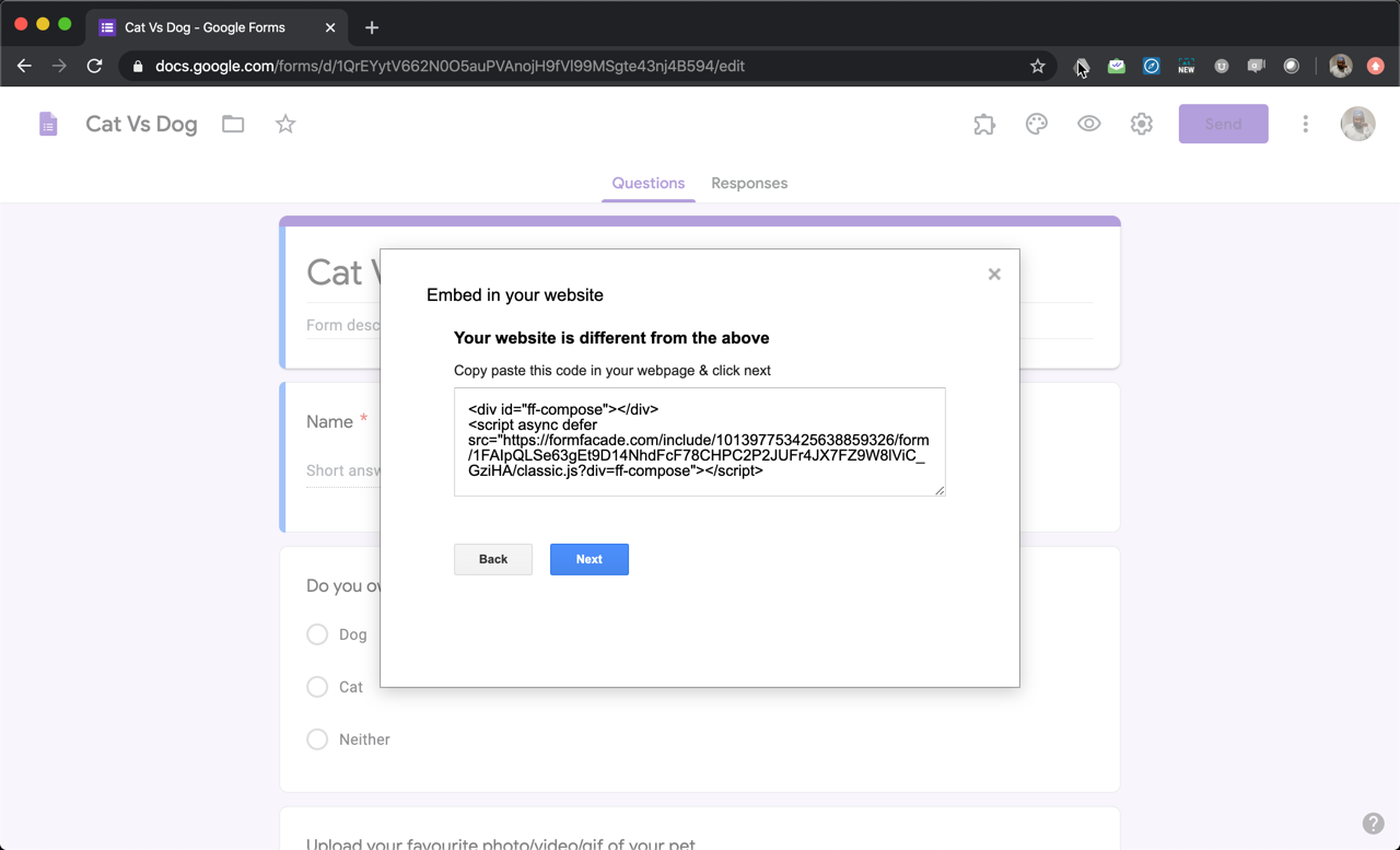 Step 5: Copy this embed code and paste this in the webpage where you want to embed this form. Formfacade will try to match your website styles and apply it to your form. If you need more customization options, click on the Next button.