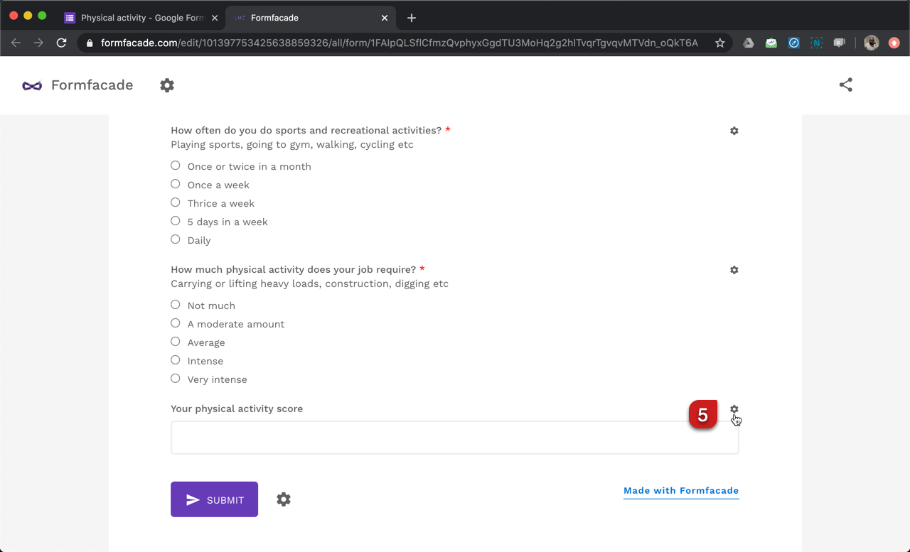 Step 5: Formfacade customize interface will open in a new tab. Click on the gear icon next to the score question.