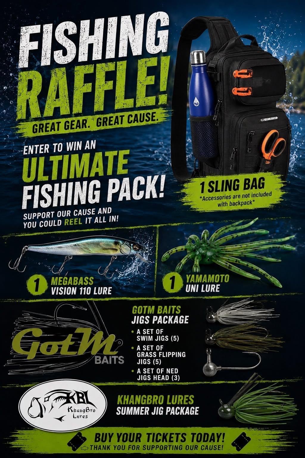 Gone Fishing - Includes: Sling Bag, Mega Bass Vision 110 Lure, Yamamoto Uni Lure, Swim Jigs, Grass Flipping Jigs, Ned Jigs Head, Khangbro Lures Summer Jig Package