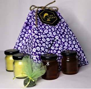 MelliFera Combo (2 Candles (40g), 2 honey bottles (70g) floral Seeds with Hand Crafted Bag)