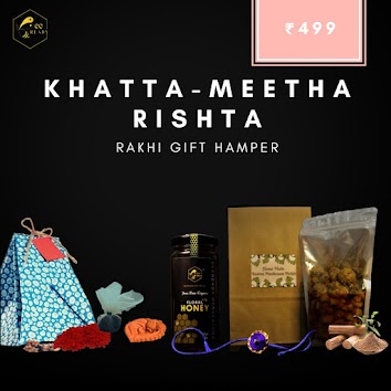 Khatta-Meetha Rishta: Eco friendly hand made rakhi (1) + hand made gift hamper+ Mushroom(500g) +1 Honey bottles(300g) + designer diya+ sunflower seeds+tilak