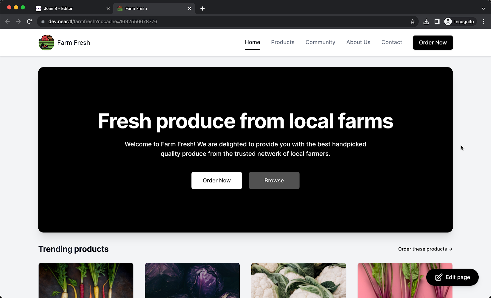 When you create the website, Neartail automatically adds a home page that displays a banner and the trending products. You can customize the home page to upload a banner image, add a title and description, edit the call to action buttons to include links for multiple forms.