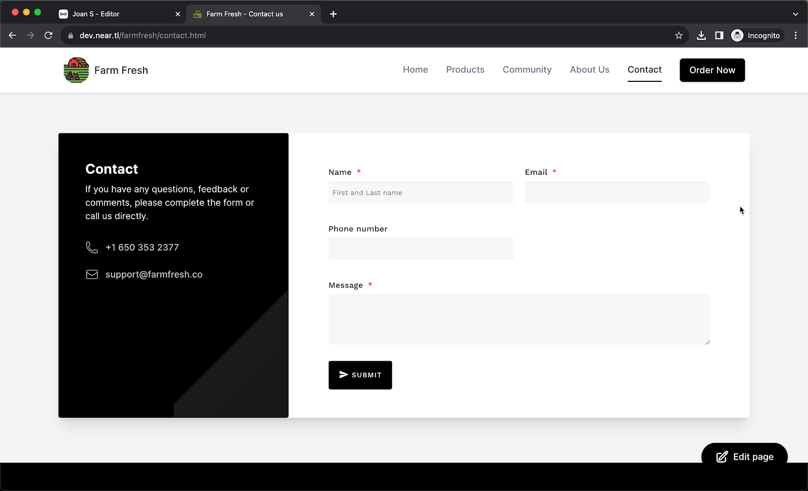 Contact details will be displayed on the left and the contact form will be displayed on the right as show below