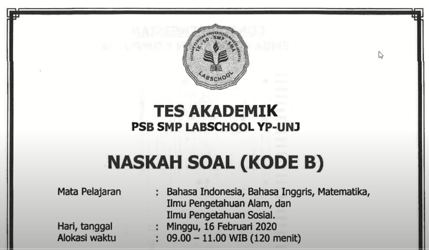 Baca petunjuk dengan teliti!

Jumlah soal sebanyak 94 soal

Urutan nomor soal tidak berurutan, namun penomoran dibagi menjadi 5 jenis mata pelajaran dengan rincian sebagai berikut :
1. Soal Bahasa Indonesia nomor 1--35
2. Soal Bahasa Inggris nomor 1--15
3. Soal Matematika nomor 21--35
4. Soal Ilmu Pengetahuan Alam nomor 36--55
5. Soal  Ilmu Pengetahuan Sosial nomor 10--18

Waktu pengerjaan tes selama 120 menit.

Klik jawaban yang tepat untuk menjawab !

Apakah Kamu sudah siap mengerjakan soal?