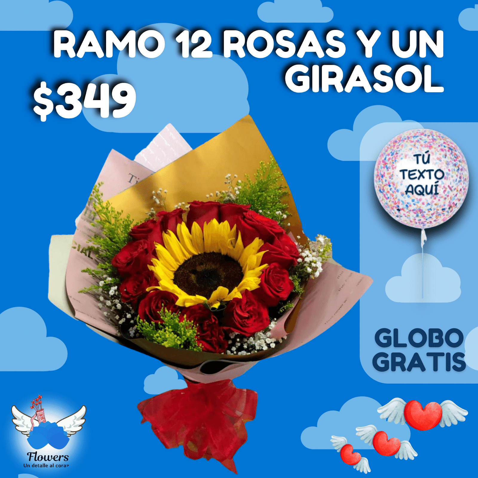 RAMO 12 ROSAS Y UN GIRASOL 