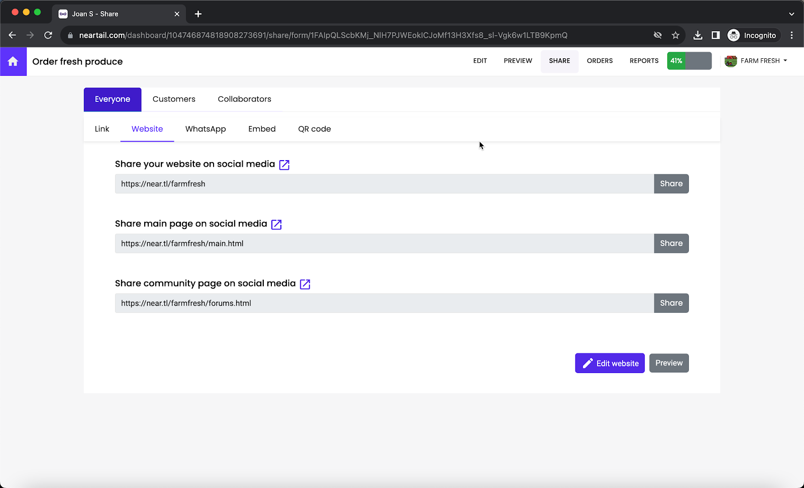 Step 3: In the Share page, Website tab will be displayed > click Edit website