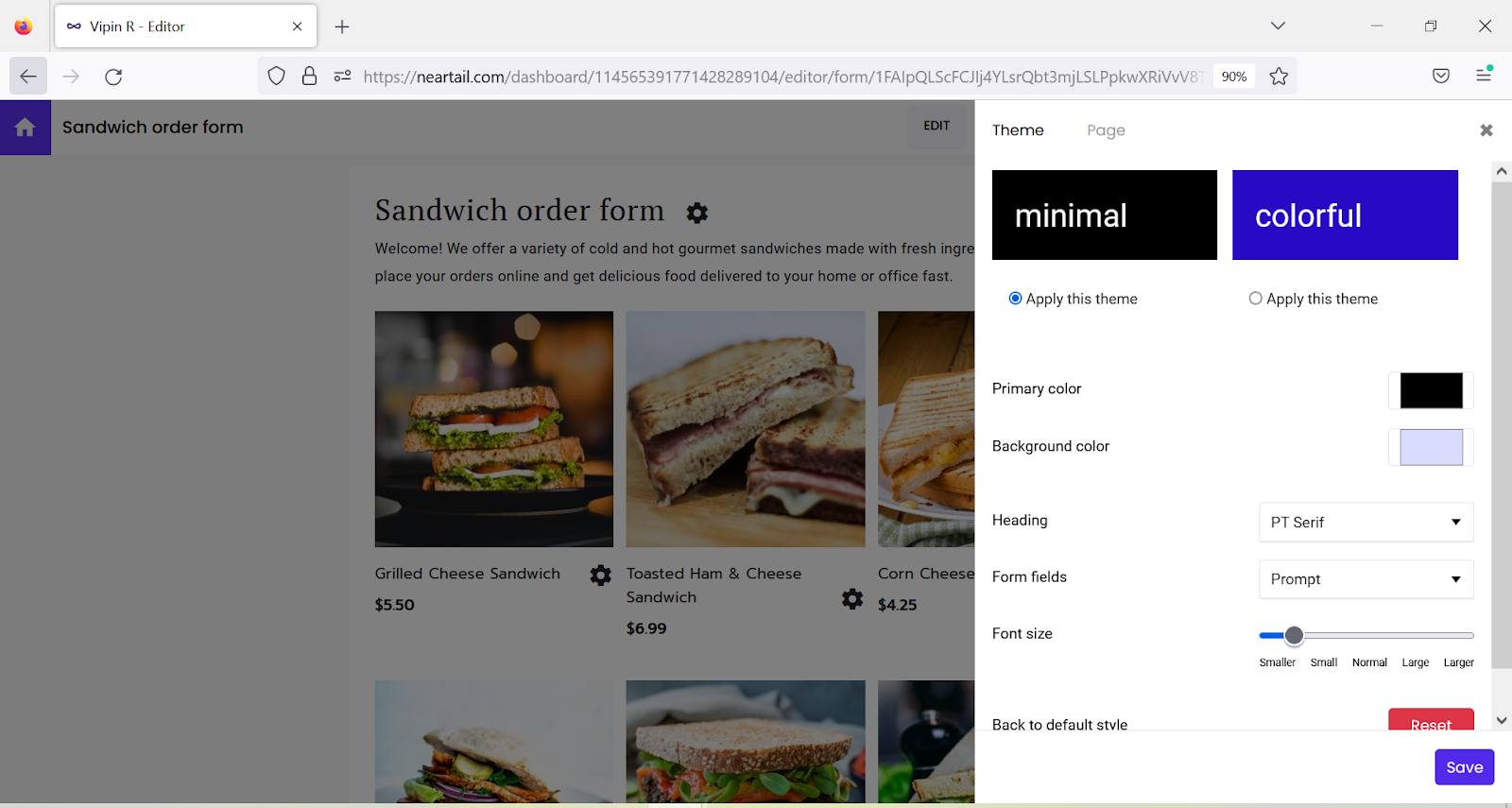 Step 3: Theme settings page will be displayed > select the theme (Minimal or Colorful), colors and font