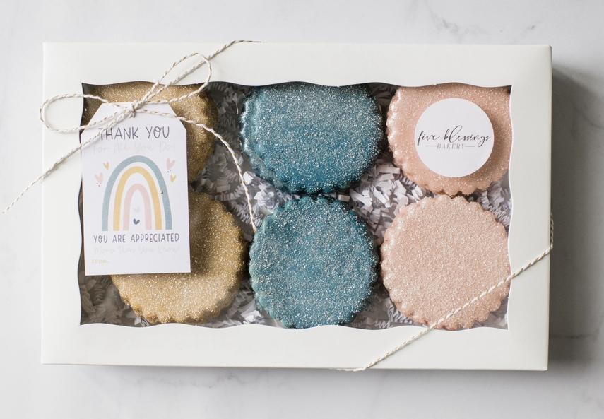 Dozen Box of Scallops - 12 sugar cookies that make the perfect boxed set gift.  Fun icing colors to match the rainbow gift tag.