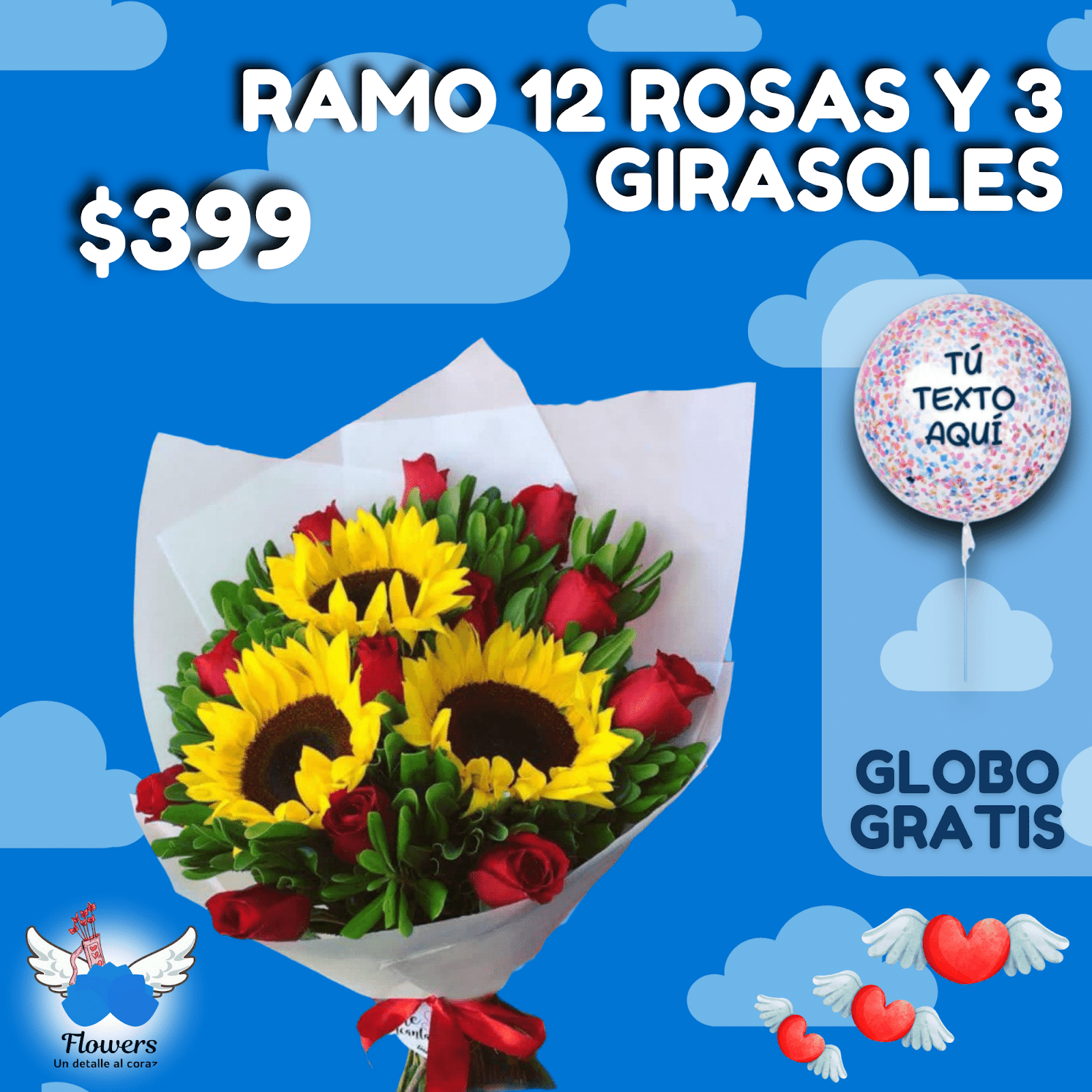 RAMO DE 12 ROSAS Y 3 GIRASOLES