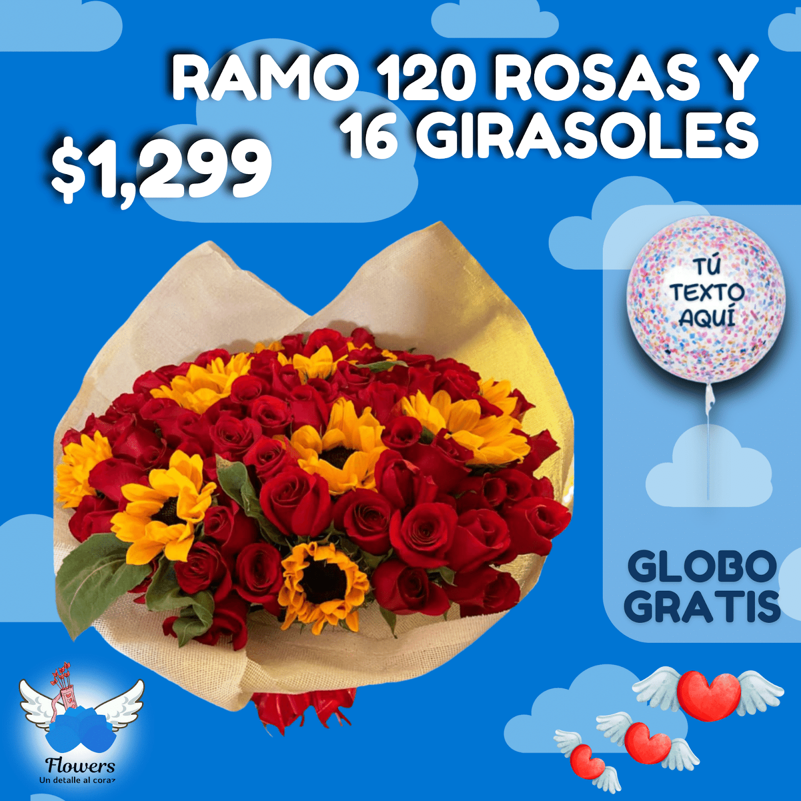 RAMO 120 ROSAS Y 16 GIRASOLES