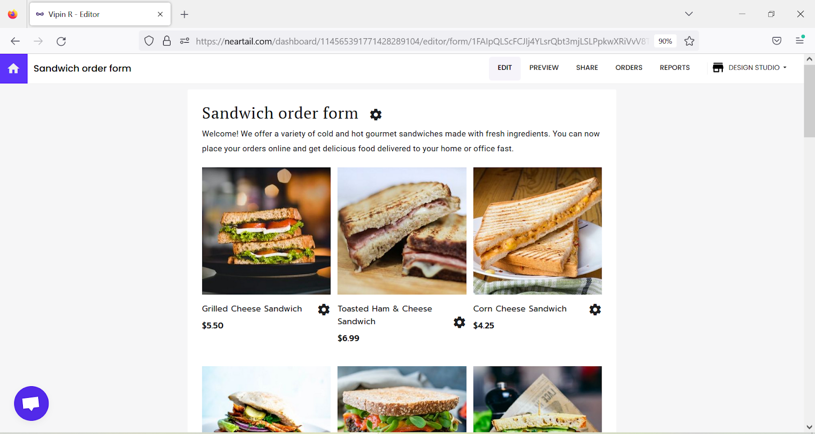 Step 1: Login to Neartail > click on the form to open it > Edit page will be displayed