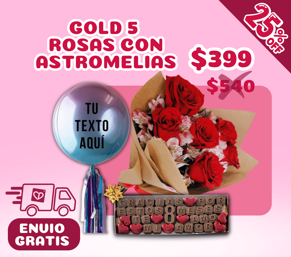 GOLD 5 ROSAS CON ASTROMELIAS (25%OFF)